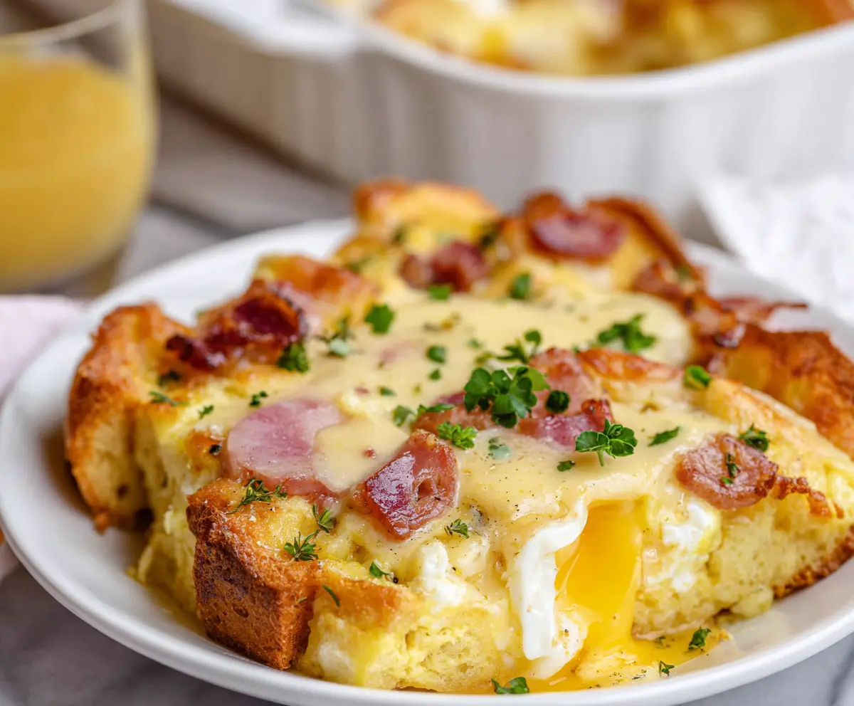Delicious Eggs Benedict Casserole topped with hollandaise sauce and fresh herbs.