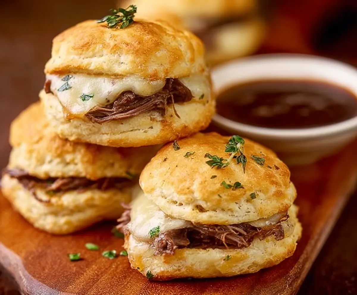Savory French Dip Biscuits with tender roast beef and melted cheese in flaky biscuits.