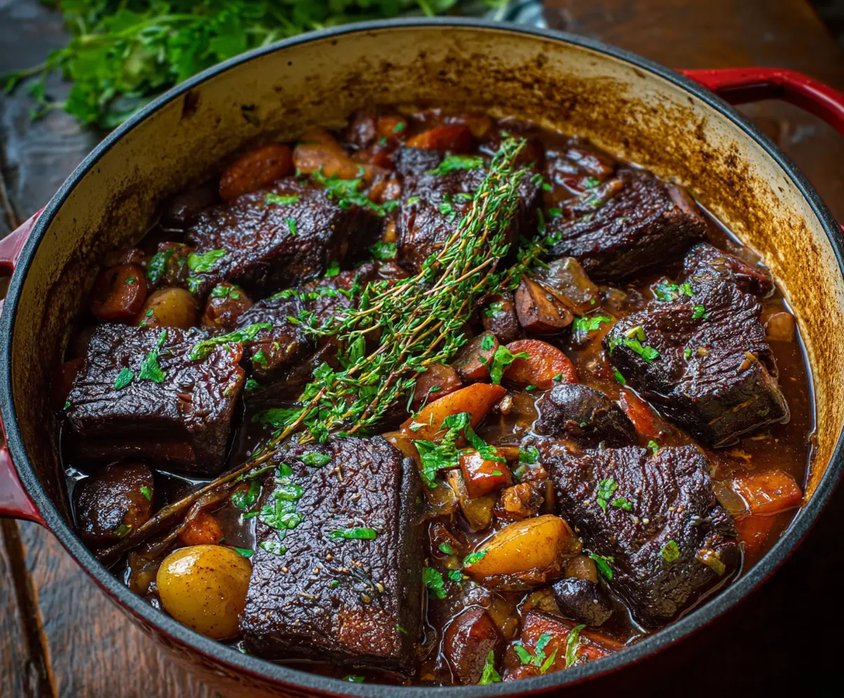 Delicious French-style braised short ribs served with vibrant vegetables and rich sauce.
