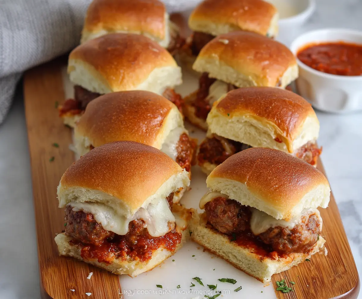 Delicious Game Day Meatball Sliders served on a plate with melted cheese and fresh herbs