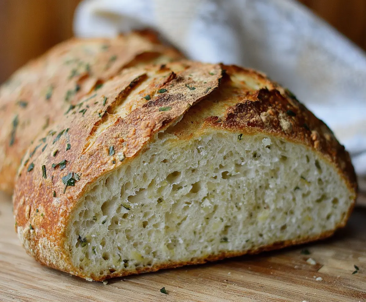 Golden garlic and herb sourdough bread loaf with a crispy crust and fresh herbs on top.