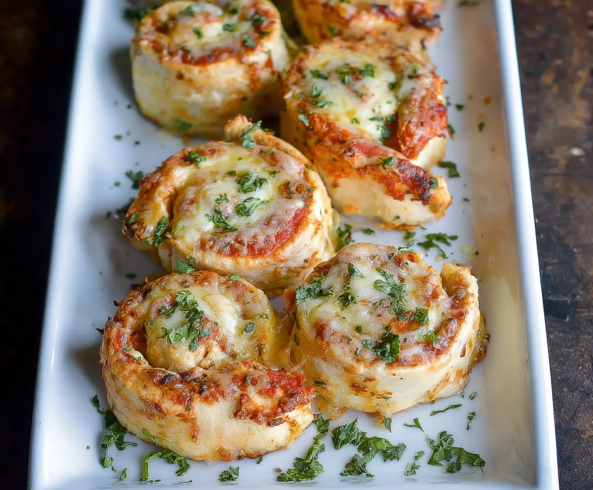 Delicious Garlic Parmesan Chicken Pinwheels with crispy golden crust on a serving plate.