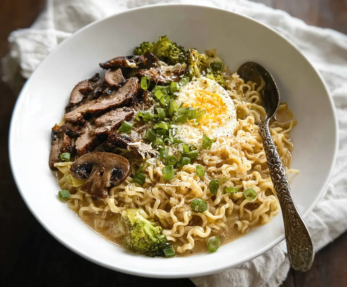 Delicious garlic Parmesan ramen bowl topped with melted cheese and fresh herbs.