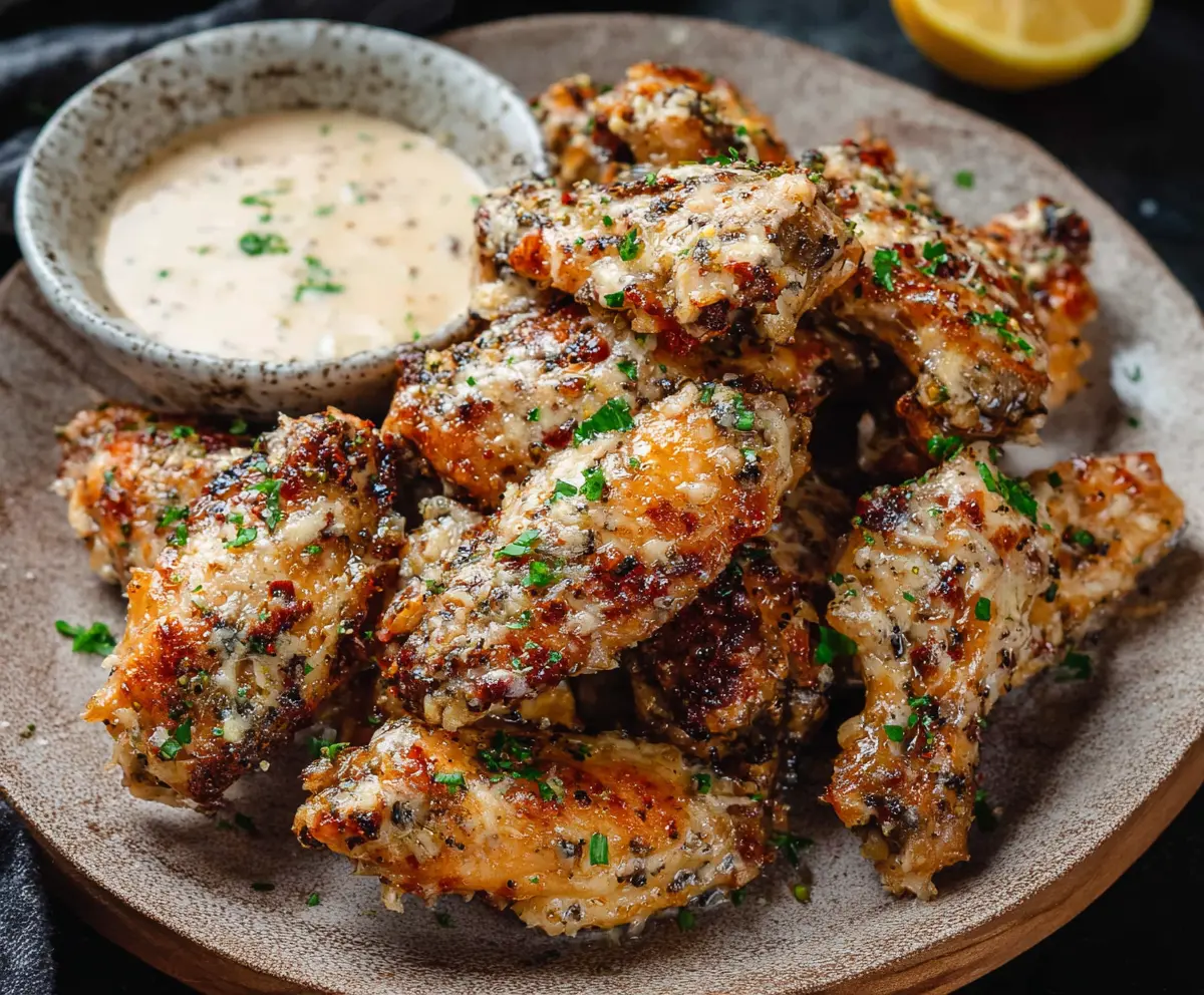 Delicious Garlic Parmesan Wings with crispy coating and cheesy topping perfect for appetizers.