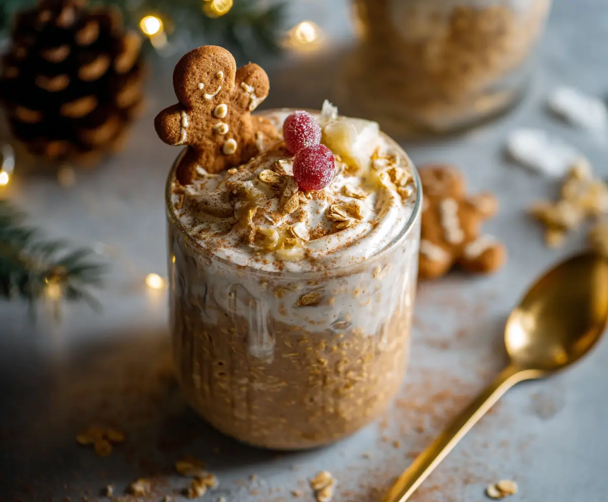 Creamy gingerbread overnight oats topped with cinnamon and molasses, perfect for a cozy breakfast.