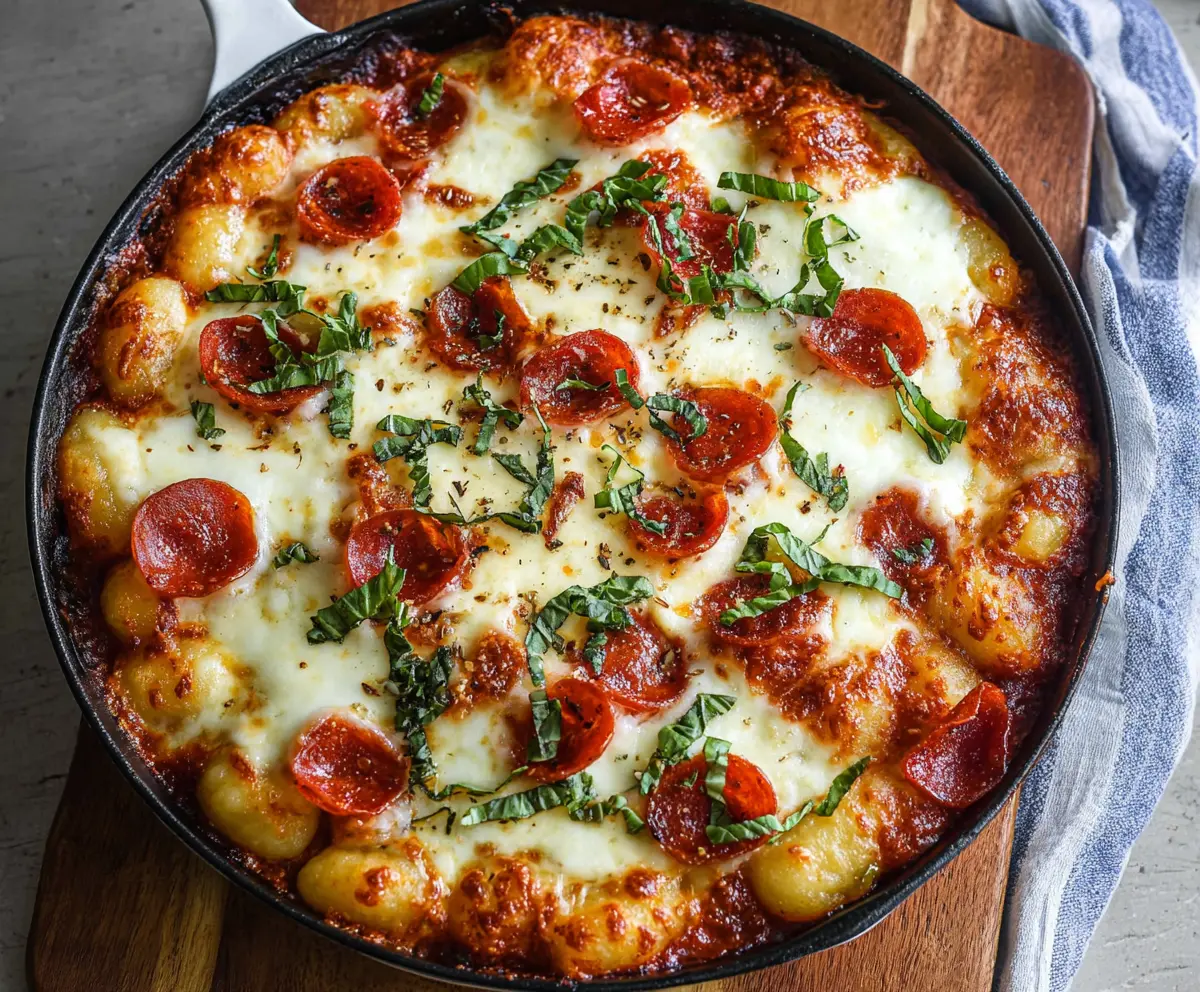 Delicious gnocchi pizza topped with melted cheese, fresh herbs, and cherry tomatoes.