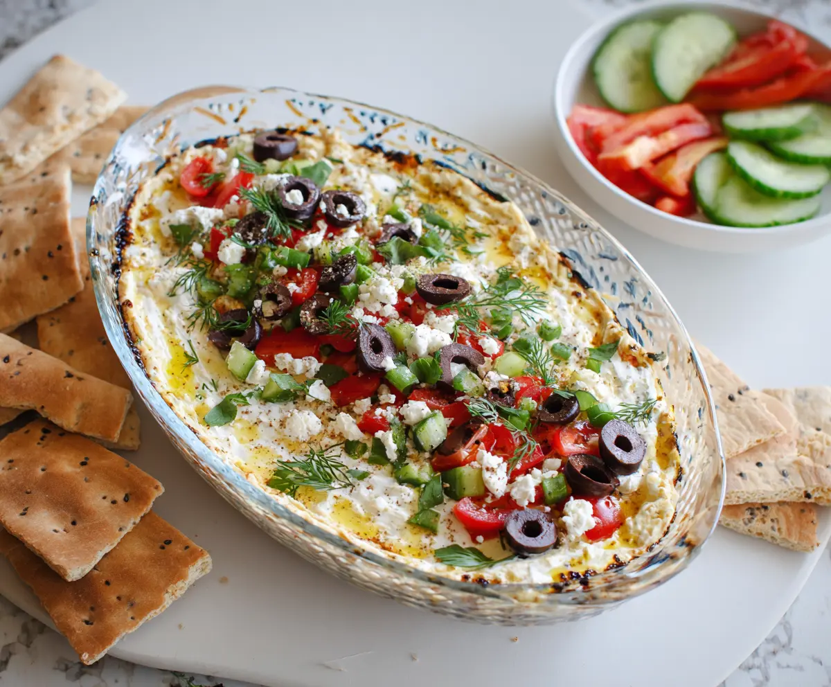 Delicious Greek Layer Dip with creamy hummus, fresh vegetables, and feta cheese served in a clear bowl.