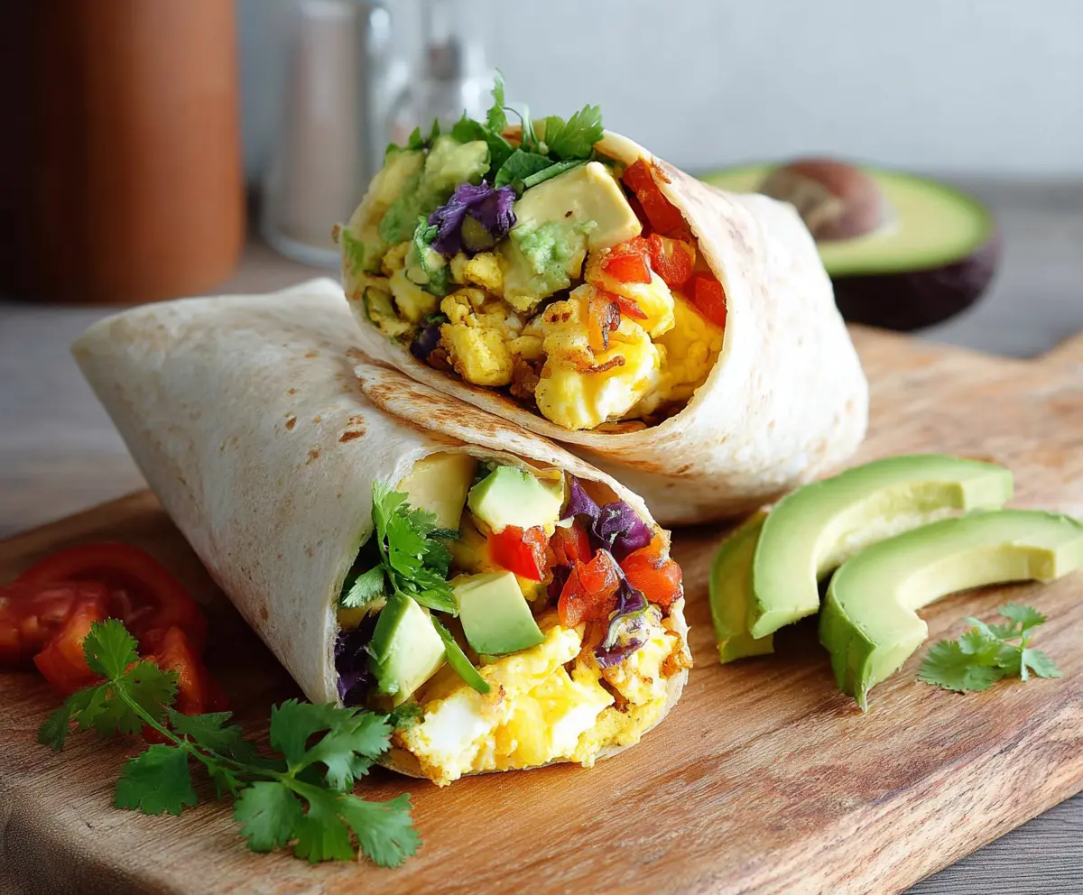 Healthy breakfast burrito filled with eggs, vegetables, and lean protein on a plate.