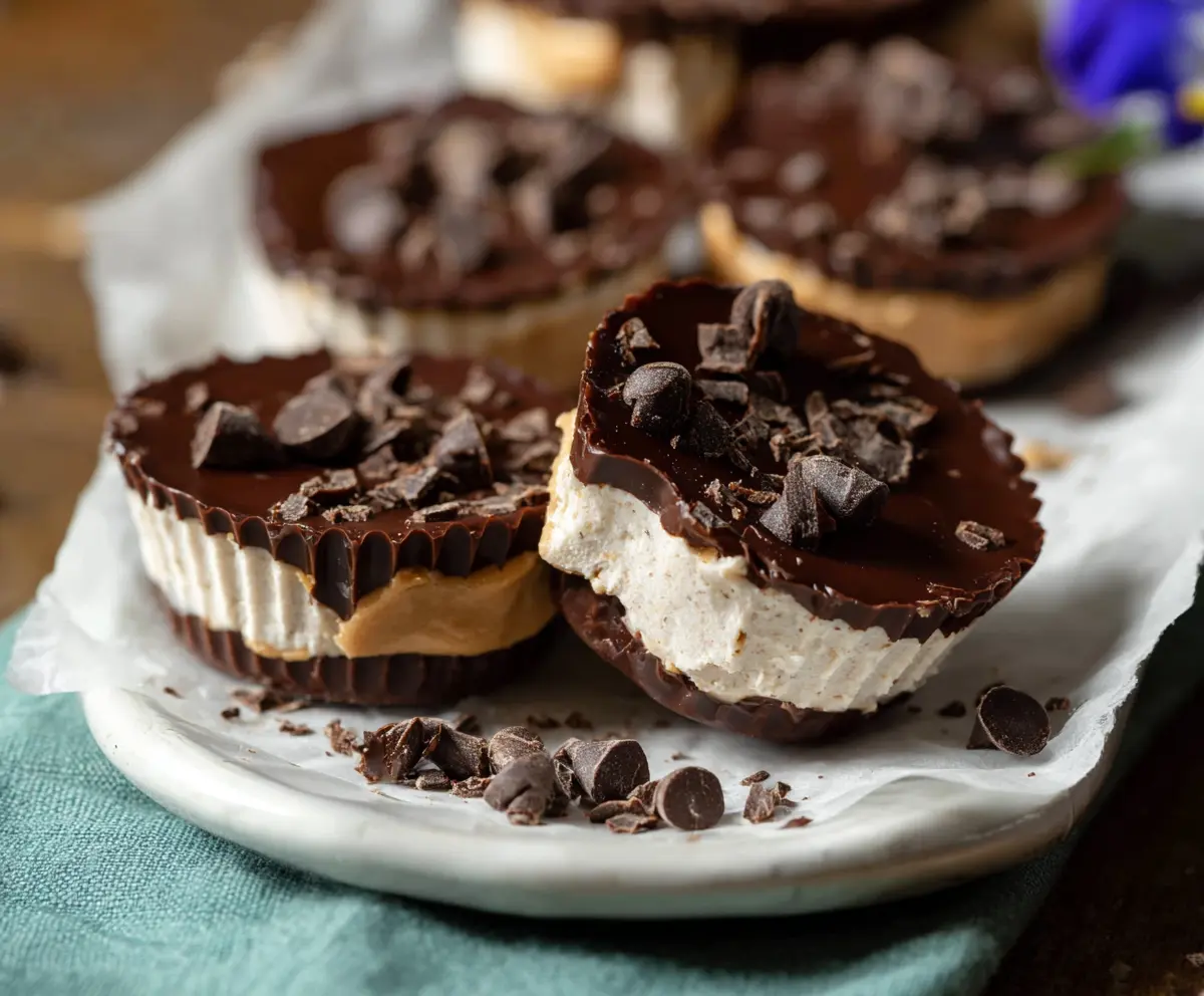 Healthy frozen peanut butter Greek yogurt cups topped with chocolate for a nutritious snack.