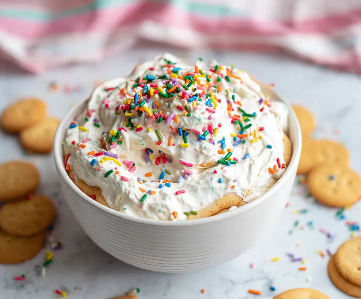 Colorful homemade Funfetti dip in a clear bowl with sprinkles and vanilla wafers for a fun dessert treat