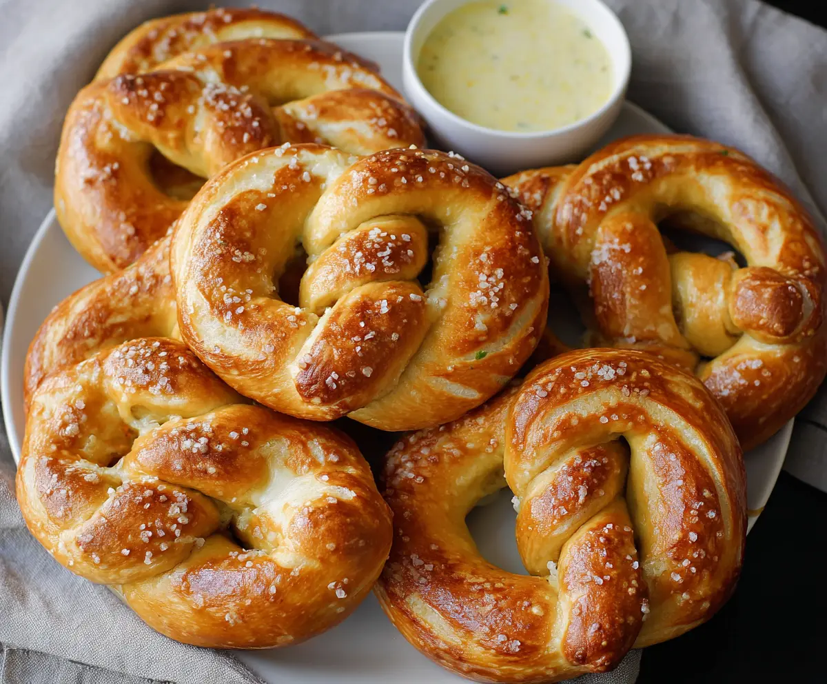 Delicious homemade pretzels served with creamy queso dipping sauce, perfect for snacking.