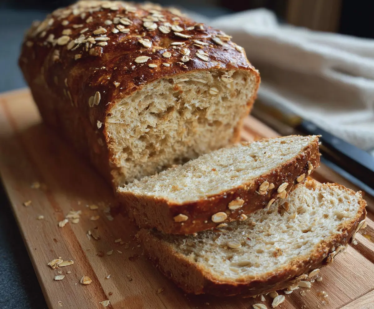 Freshly baked Honey Oat Sourdough Sandwich Bread on a wooden cutting board.