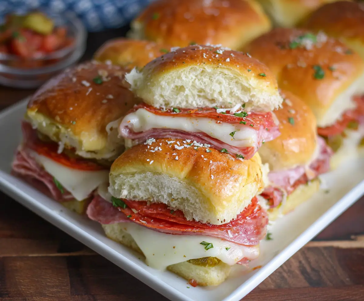 Delicious Hot Italian Sub Sliders with melted cheese, spicy pepperoni, and flavorful toppings on a platter.