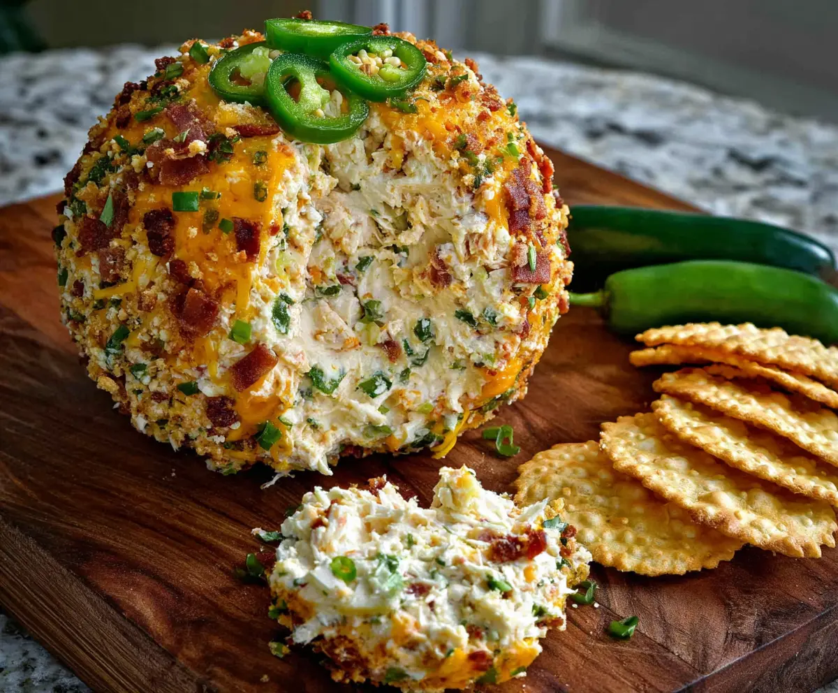Delicious Jalapeno Popper Cheese Ball with cream cheese, cheddar, and jalapeno peppers on a serving platter.