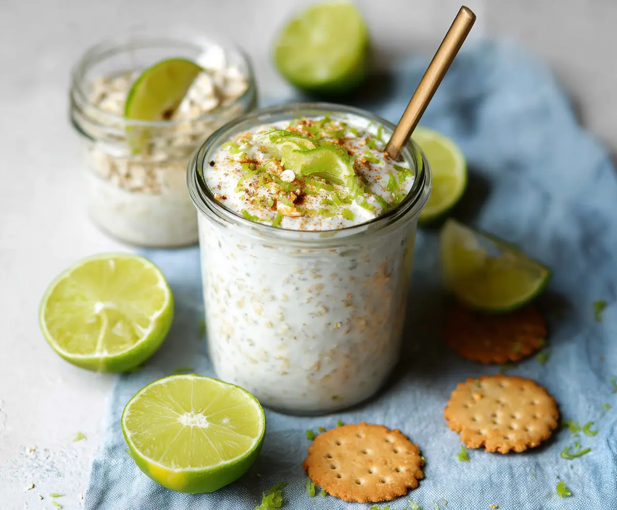 Creamy Key Lime Pie Overnight Oats in a glass jar topped with lime zest and graham cracker crumbs
