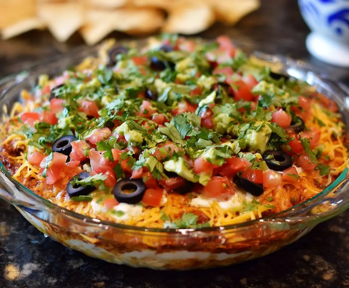 Colorful layered Tex-Mex dip with layers of beans, cheese, guacamole, and salsa served in a clear glass bowl.