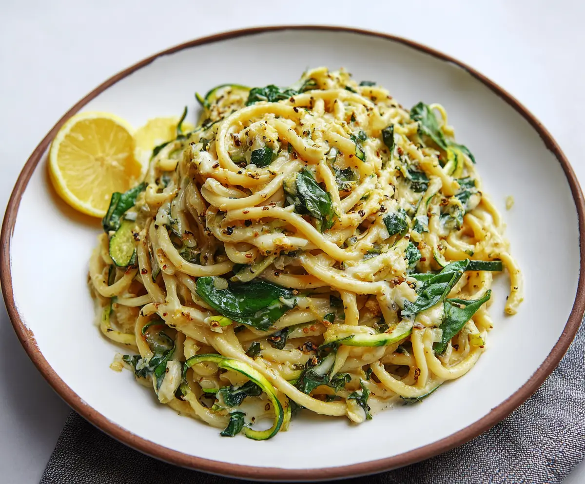 Fresh lemon zucchini pasta garnished with herbs, served in a white bowl for a healthy, vibrant meal.