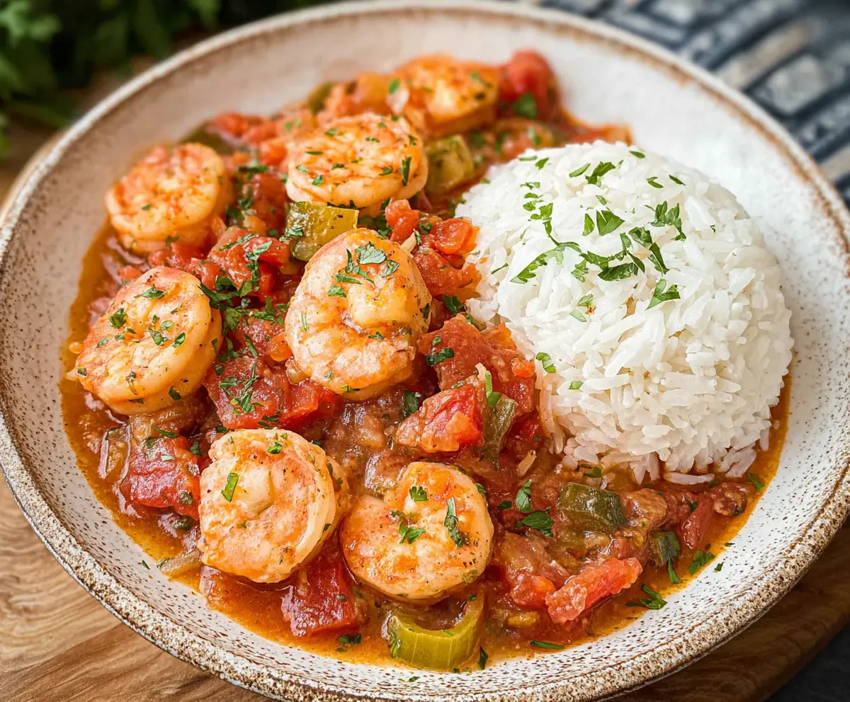 Delicious Louisiana Shrimp Creole dish with vibrant red sauce and fresh shrimp served in a bowl.