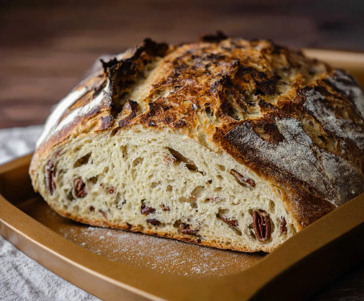 Golden maple pecan sourdough bread with a crispy crust and crunchy nuts on top.