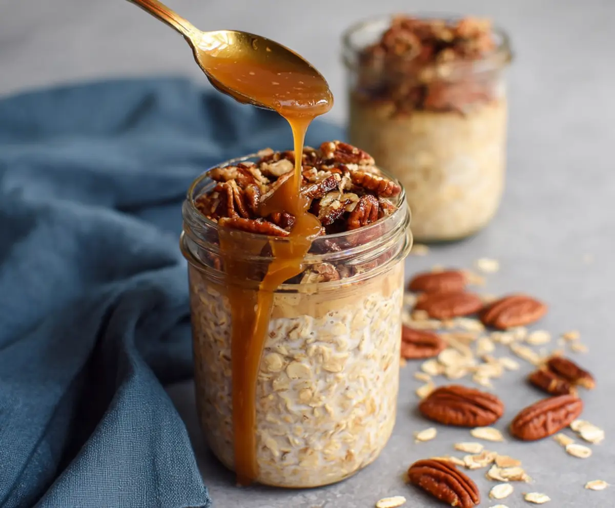 Delicious Maple Praline Overnight Oats topped with nuts and maple syrup for a healthy breakfast.