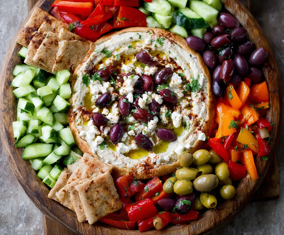 Appetizing Mediterranean hummus dip platter with fresh vegetables and pita bread slices.