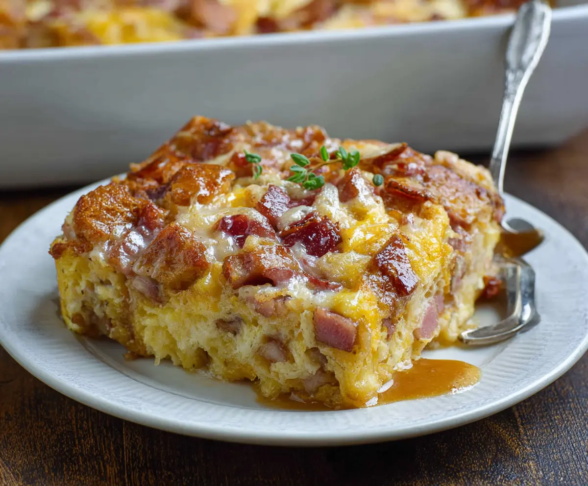 Delicious Monte Cristo Breakfast Casserole with eggs, cheese, and ham baked to perfection