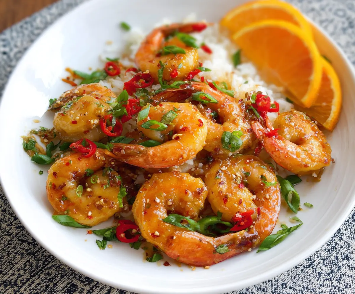 Delicious orange chili garlic shrimp served on a plate, showcasing a flavorful seafood dish with vibrant citrus and spicy hints.