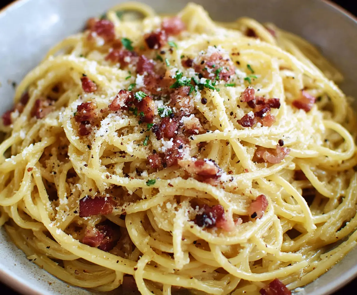 Delicious creamy Pasta Carbonara with crispy pancetta and grated Parmesan cheese.