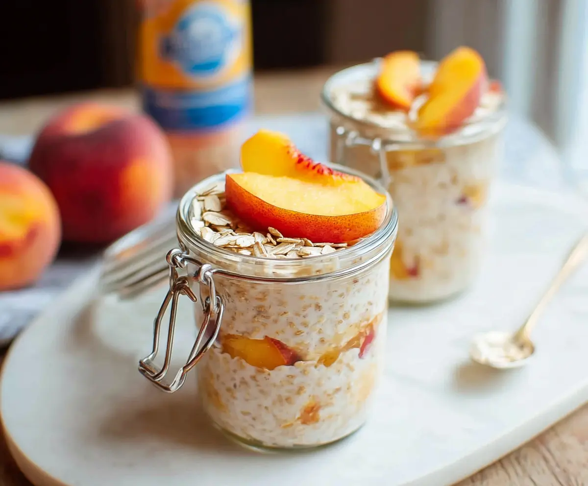 Creamy Peach Cobbler Overnight Oats topped with fresh peach slices and a sprinkle of cinnamon.