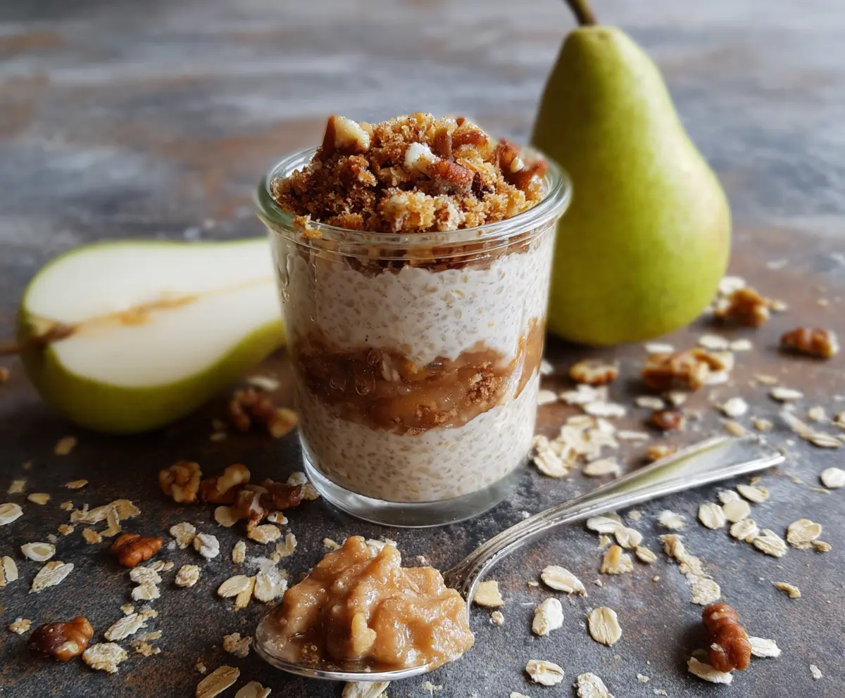Delicious Pear Crumble Overnight Oats served in a clear glass bowl with fresh pear slices and crumble topping.