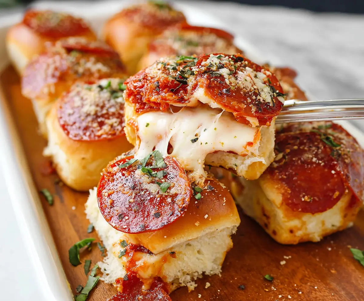 Delicious pepperoni pizza sliders with melted cheese and crispy crust on a serving platter.