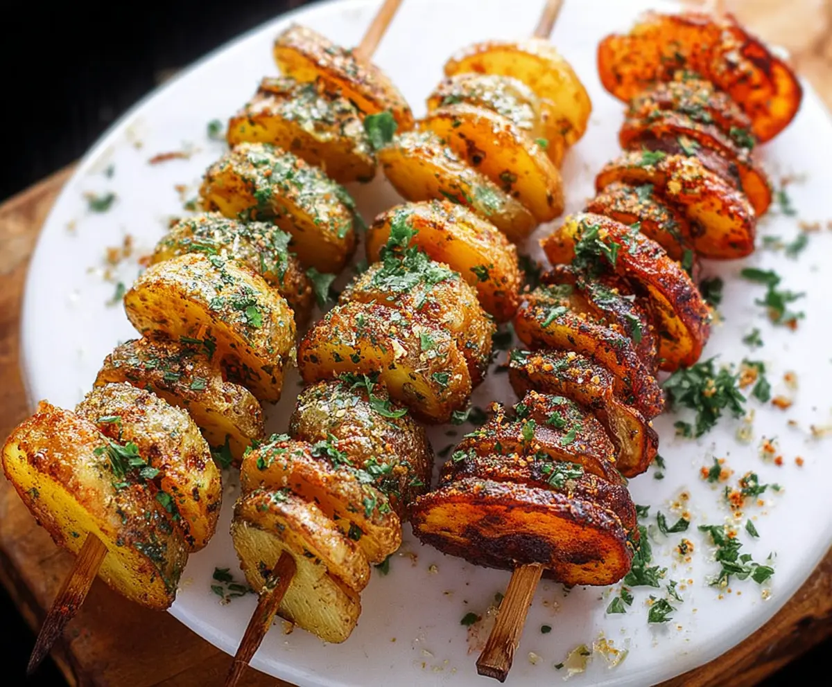 Delicious potato skewers grilled to perfection with herbs and spices