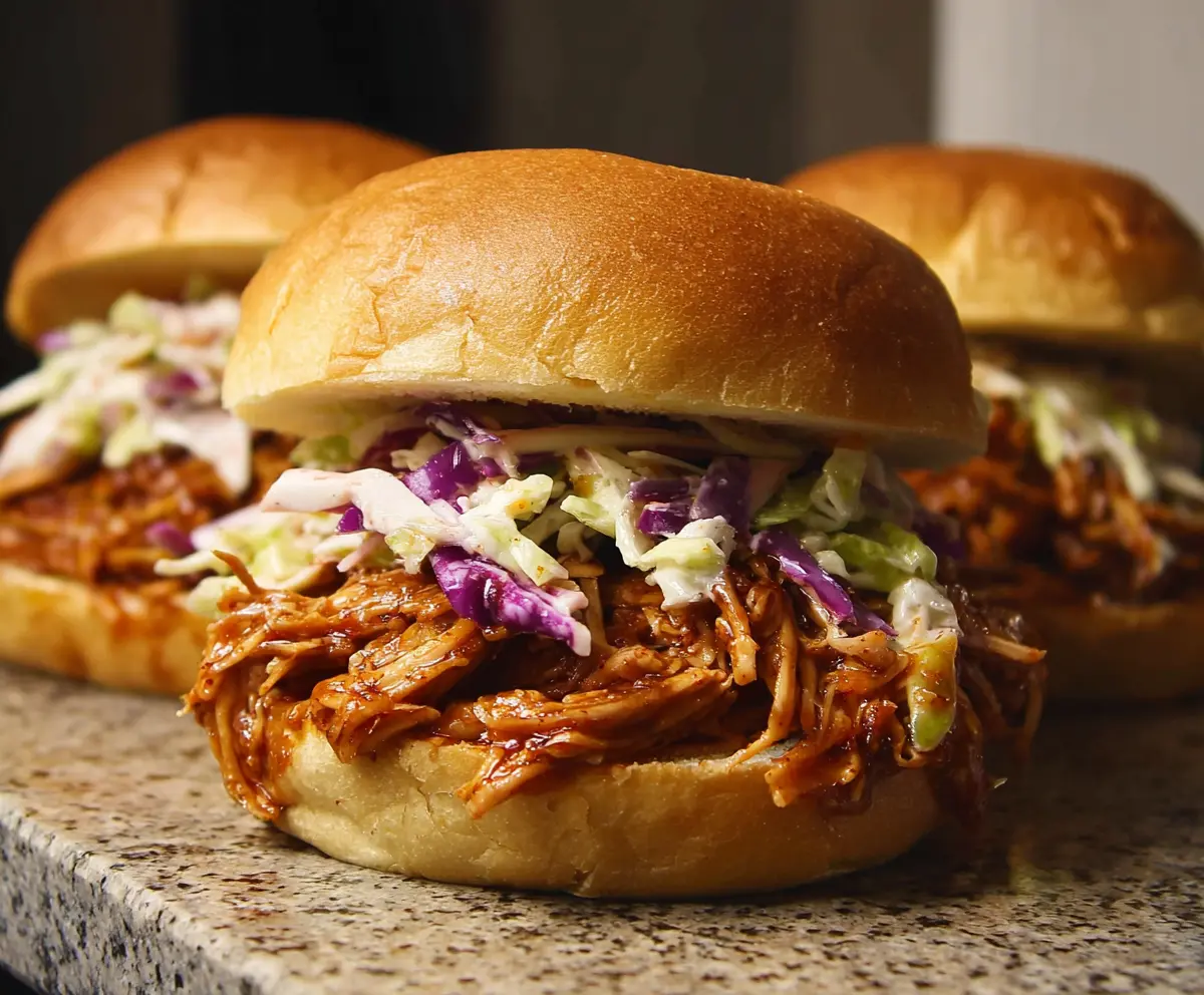 Delicious pulled chicken sandwiches with fresh buns and toppings on a plate