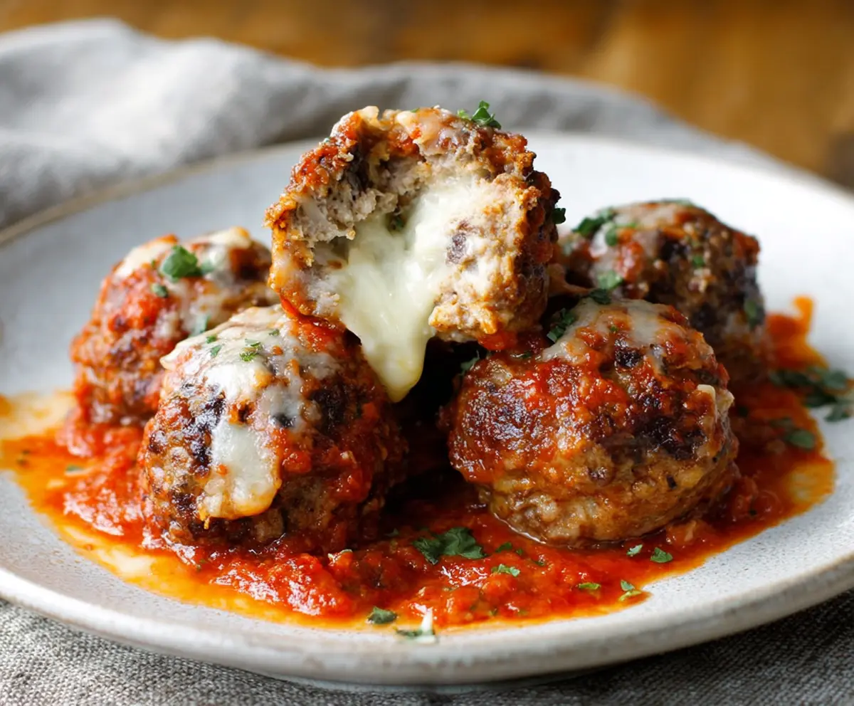 Delicious queso-stuffed meatballs with melted cheese inside, served on a white plate.