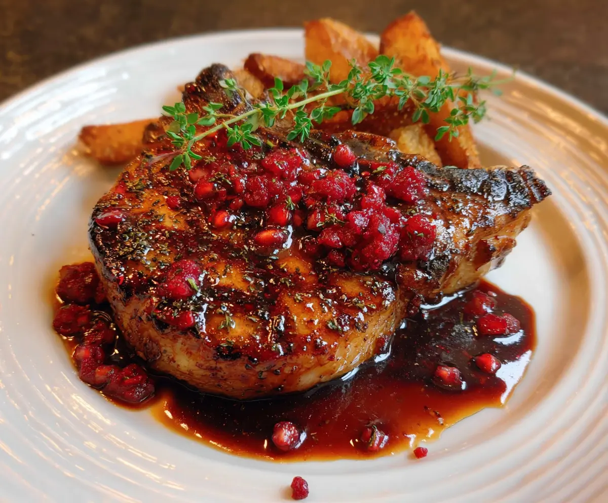 Juicy pork chops glazed with a vibrant raspberry sauce on a rustic plate.