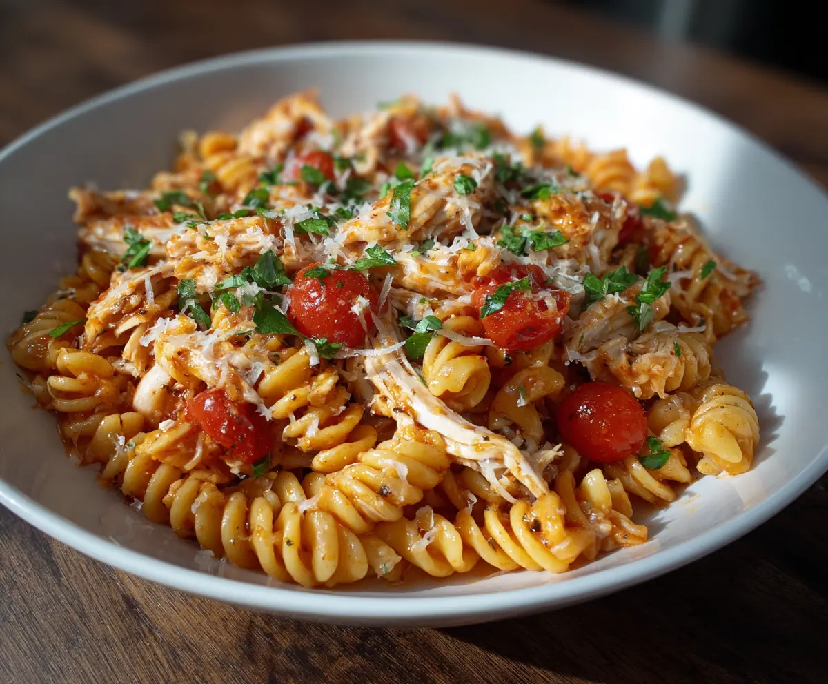 Delicious rotisserie chicken pasta served on a white plate with herbs and garlic.