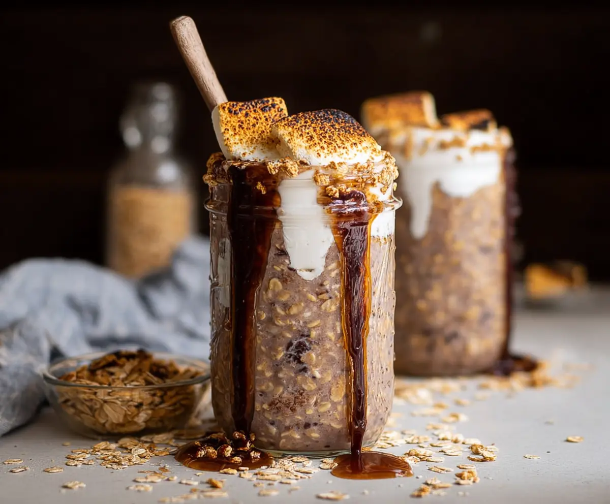 Delicious S’mores Overnight Oats with chocolate, graham crackers, and marshmallows in a glass jar