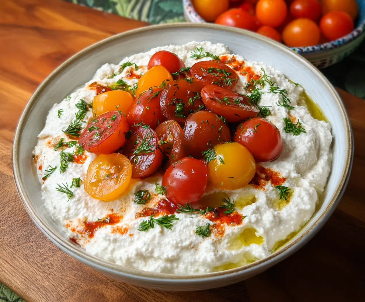 Delicious savory whipped cottage cheese topped with fresh ripe tomatoes, perfect for a healthy appetizer.