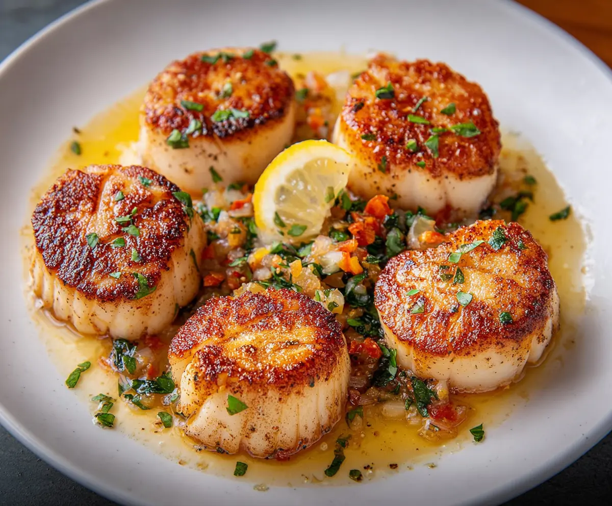 Golden seared scallops served on a white plate with lemon wedges for a delicious seafood dish