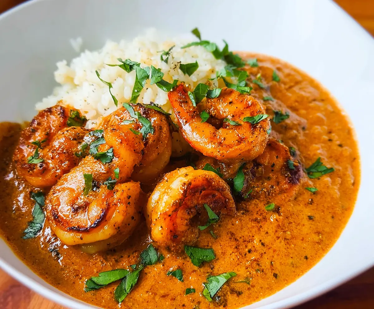 Delicious shrimp tikka masala with creamy tomato sauce and fresh herbs served on a plate.
