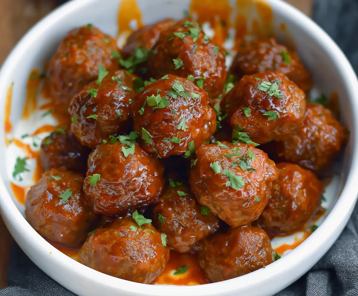 Delicious slow cooker honey buffalo meatballs served in a bowl, garnished with fresh herbs.