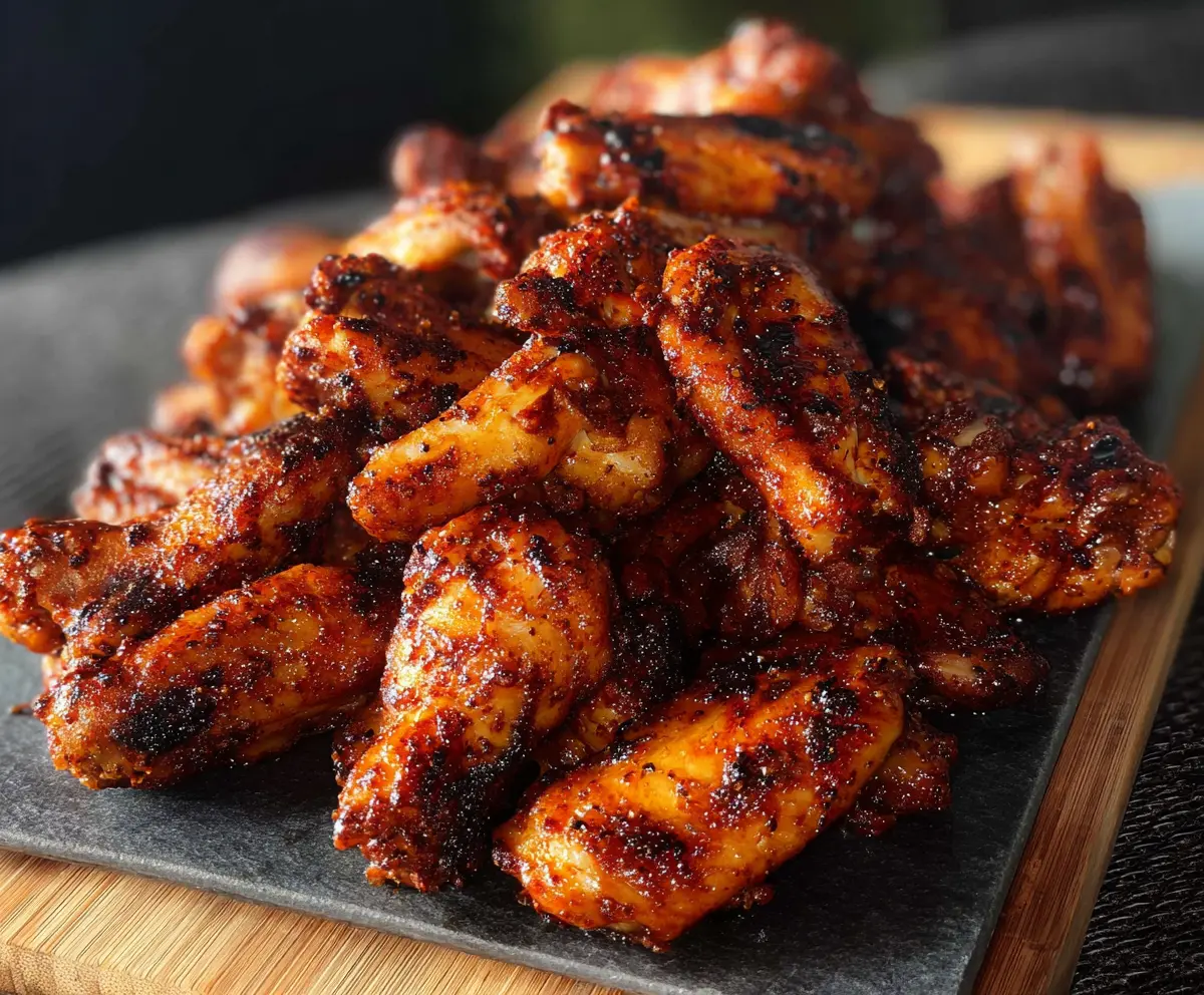 Juicy smoked chicken wings crispy and golden, served on a platter perfect for BBQs and parties