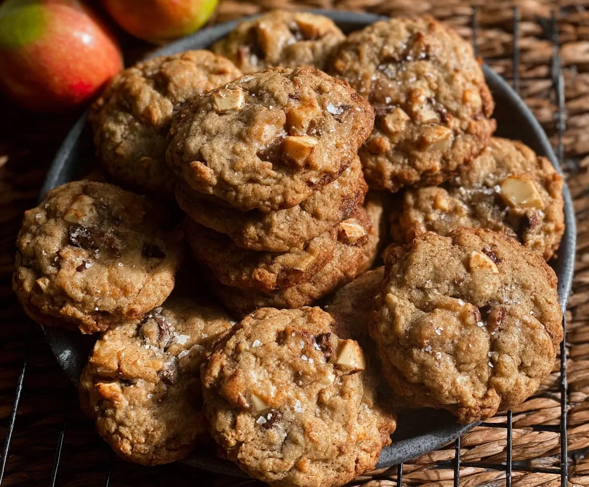 Delicious homemade sourdough apple cider cookies with a golden-brown crust and apple slices visible.