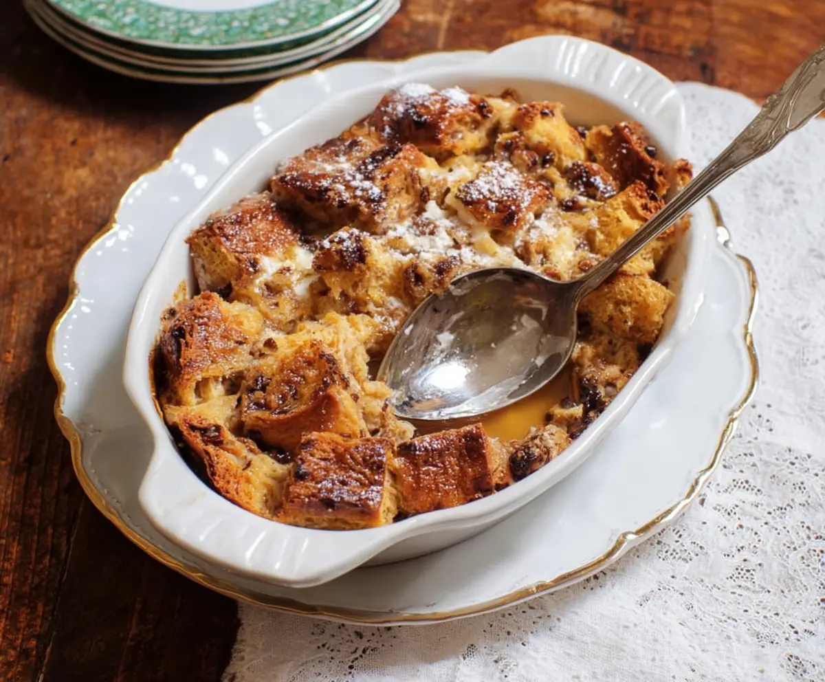 Delicious homemade sourdough bread pudding with a golden brown crust and creamy interior