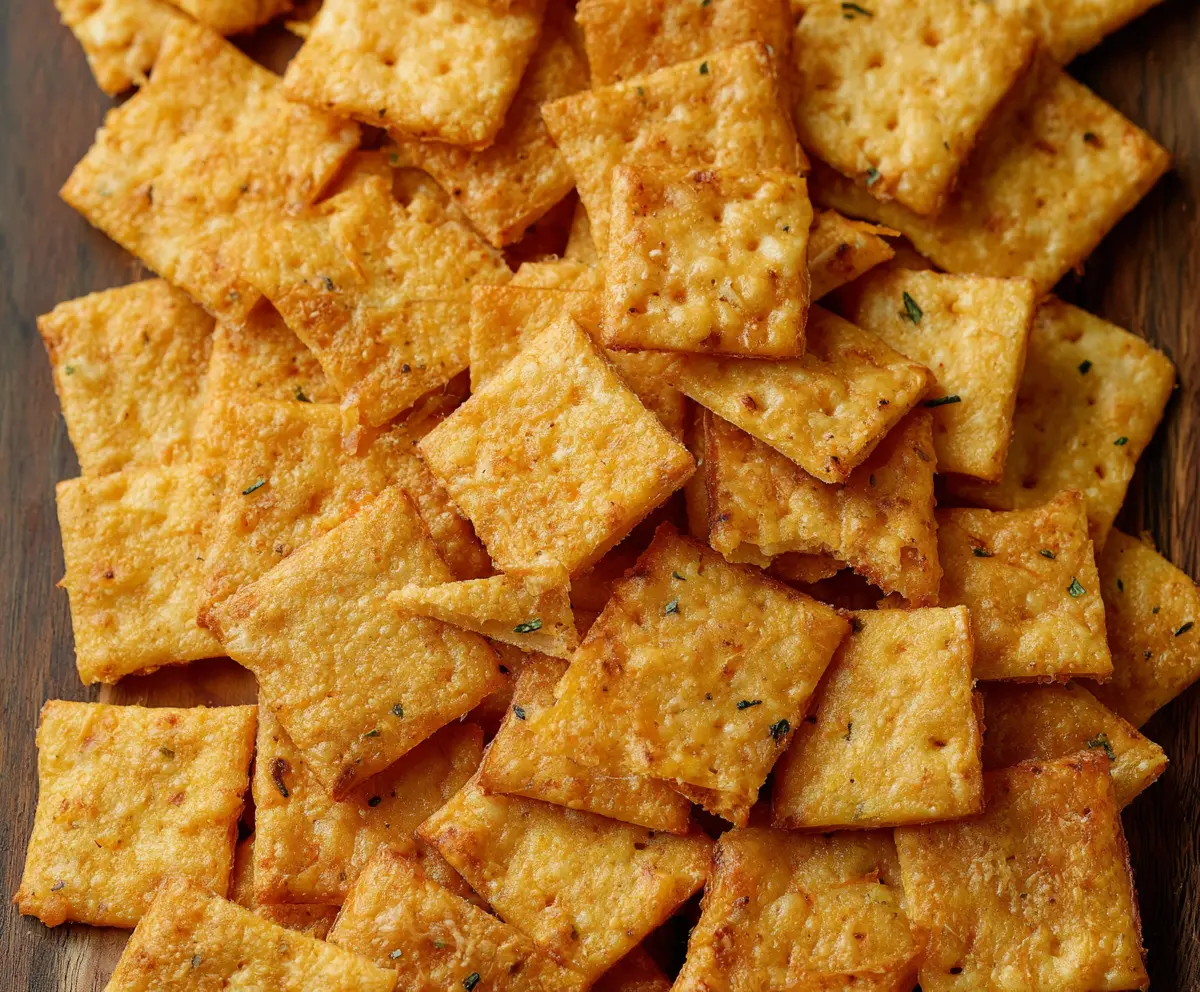 Golden homemade sourdough cheese crackers on a rustic wooden background.