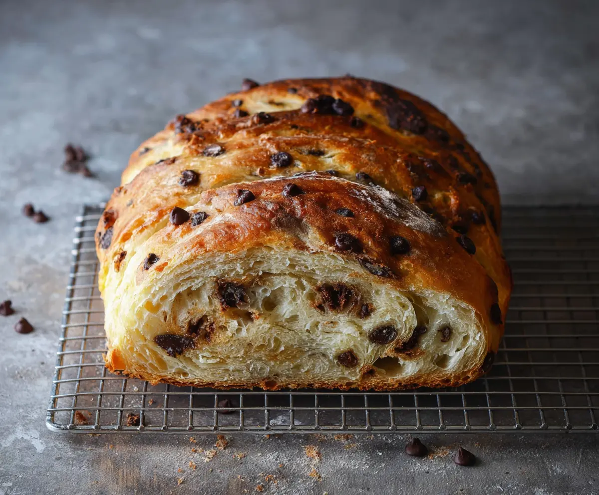 Delicious Sourdough Chocolate Chip Croissant Bread, freshly baked with golden crust and melted chocolate chunks.