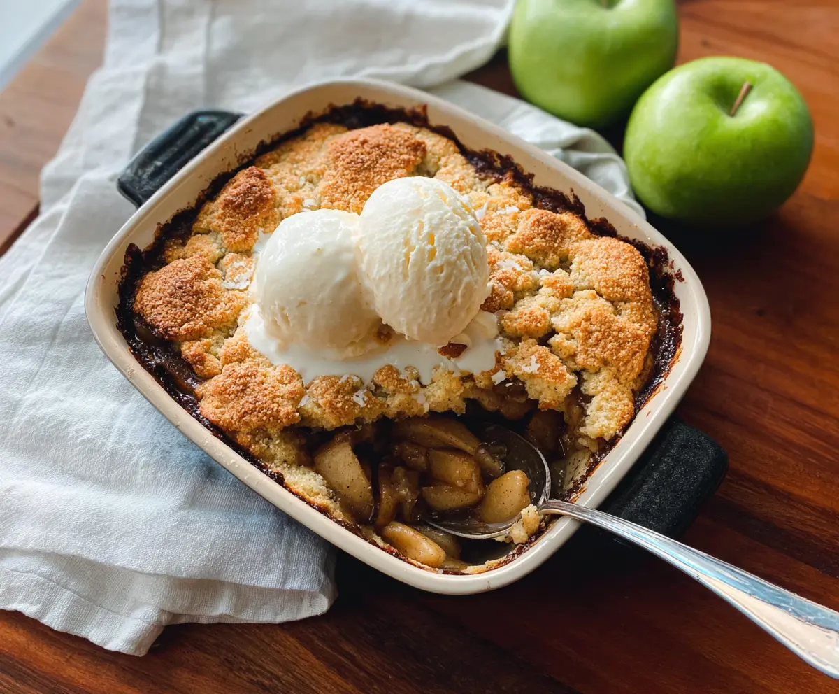 Delicious sourdough discard apple cobbler topped with golden crust and fresh apple slices
