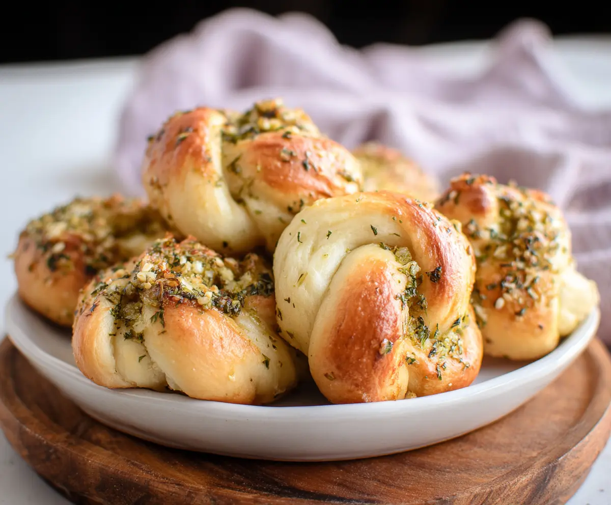 Delicious sourdough discard garlic knots fresh out of the oven, showcasing crispy golden-brown exterior and aromatic garlic topping.