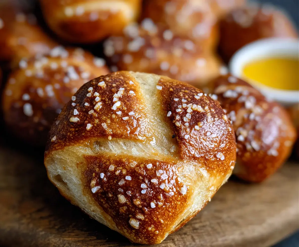 Golden brown sourdough discard pretzel bites on a rustic wooden board ready to serve