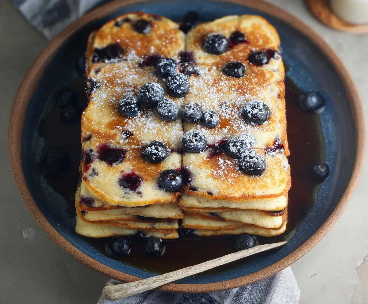 Golden sourdough discard sheet pan pancakes served with fresh berries and syrup.